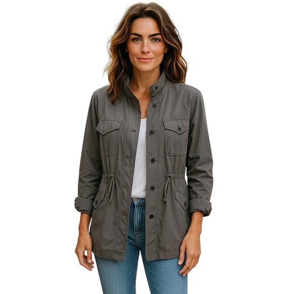 NWT Faded Glory Snap Front Drawstring Waist Tabbed Sleeve Gray Jacket Size L - Picture 1 of 11